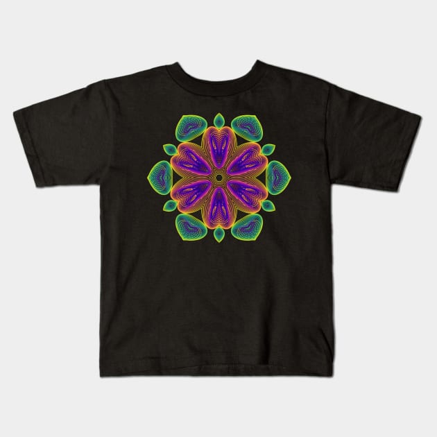 Lotus Kaleidoscope | Harmonograph Green Yellow Purple Black Kids T-Shirt by aRtVerse